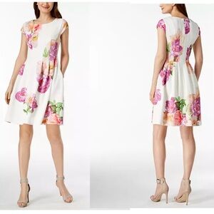 Calvin Klein Scuba Floral Flower Print Cap Sleeve Fit Flare Party Cocktail Dress